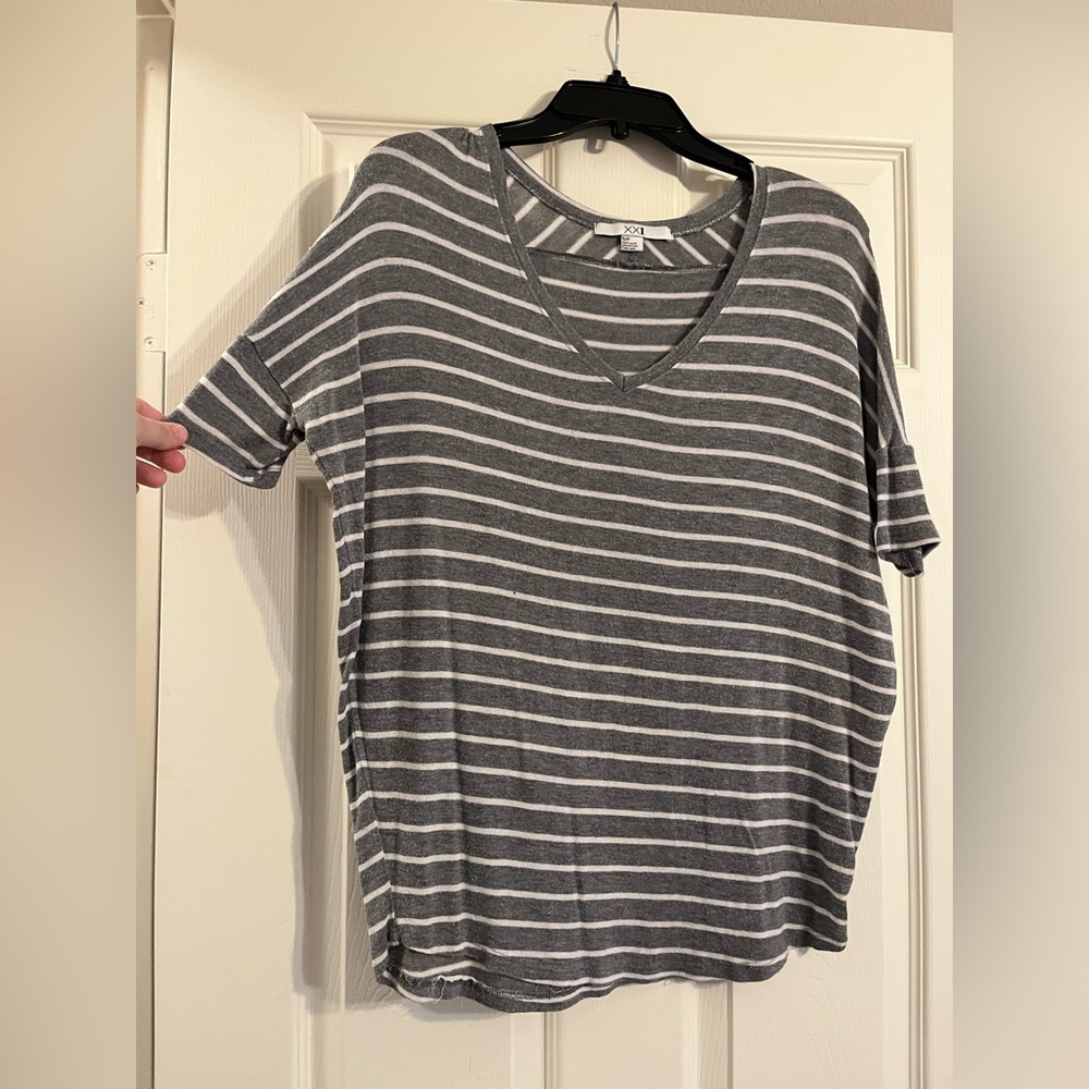 Gray Striped V-Neck Women's Top